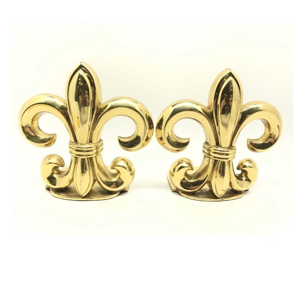 Set Of 2 Brass Fleur de Lis Decorative Bookends